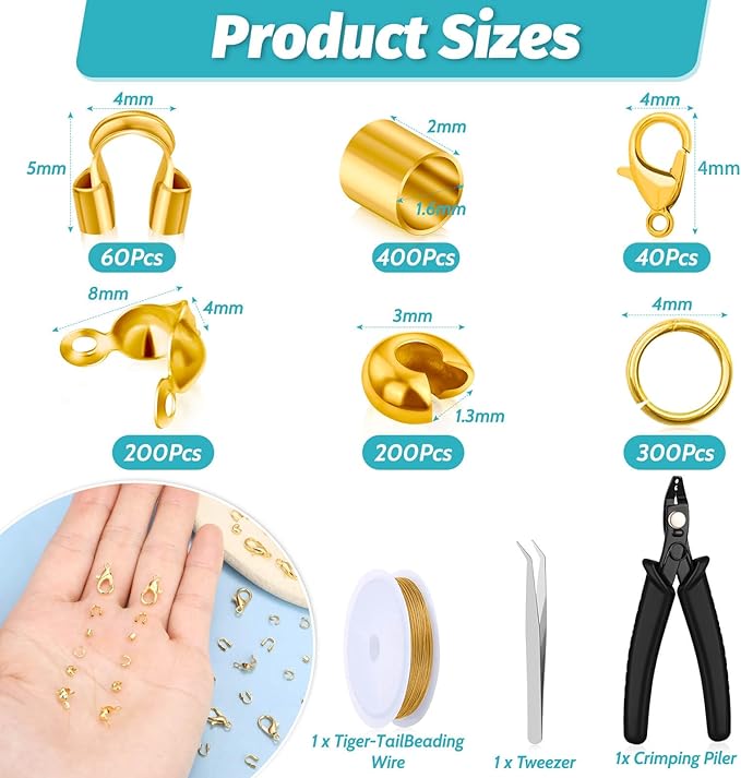 Acejoz 1200 Pcs Gold Crimp Beads Kit, Jewelry Making Supplies Include Crimp Covers, Crimp Tubes, Wire Guardians, Lobster Clasps, Jump Rings, Pliers and Beading Wire for Jewelry Making