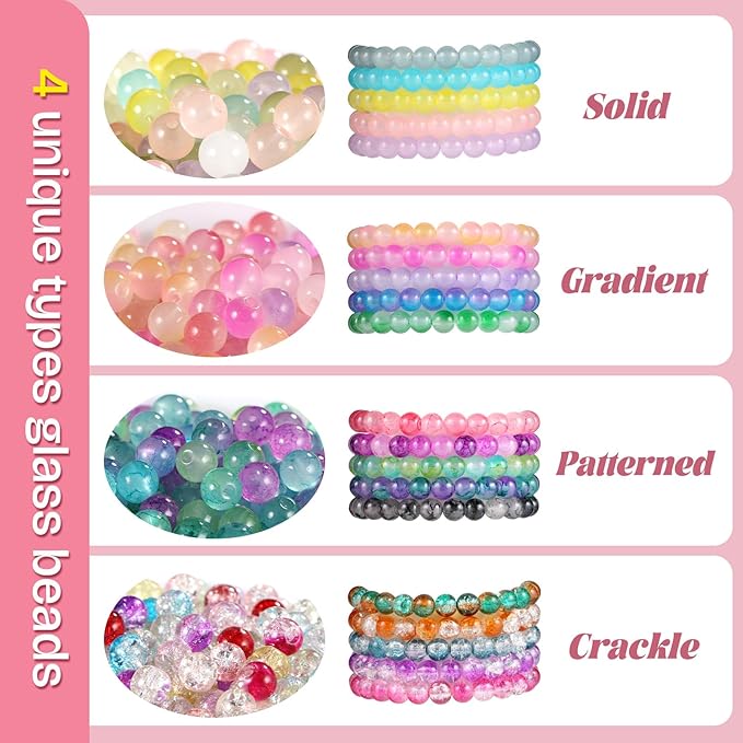 Funtopia 8mm Glass Beads for Jewelry Making, 4 Types 96 Colors Glass Beads Bracelet Making Kit, 2276pcs Round Crystal Beads for Bracelets Necklace Earrings DIY Crafts