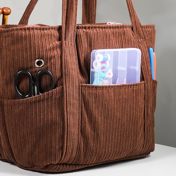 Crochet Bag Organizer Corduroy Yarn Bag Holder for Crocheting Basket Kit Knitting Needles Yarn Balls Gifting to Knitting Fans