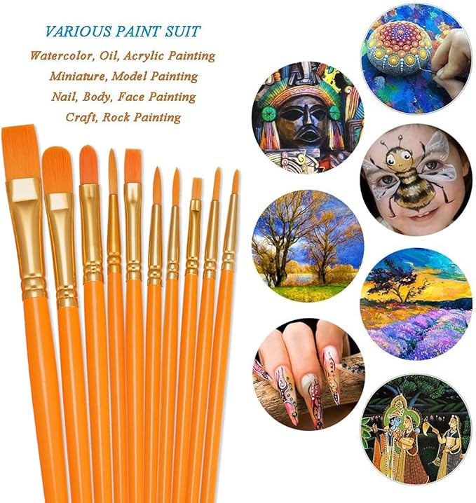 BOSOBO Paint Brushes Set, 10 Pieces Round Pointed Tip Paintbrushes Nylon Hair Artist Acrylic Paint Brushes for Acrylic Oil Watercolor, Face Nail Body Art, Miniature Detailing & Rock Painting, Orange