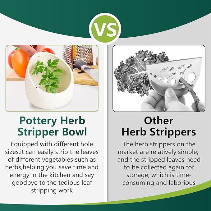 Pottery Herb Stripper Bowl,Handmade Ceramic Herb Stripper, Dishwasher-Safe, different sizes of round holes,kitchenware for root removal(white)