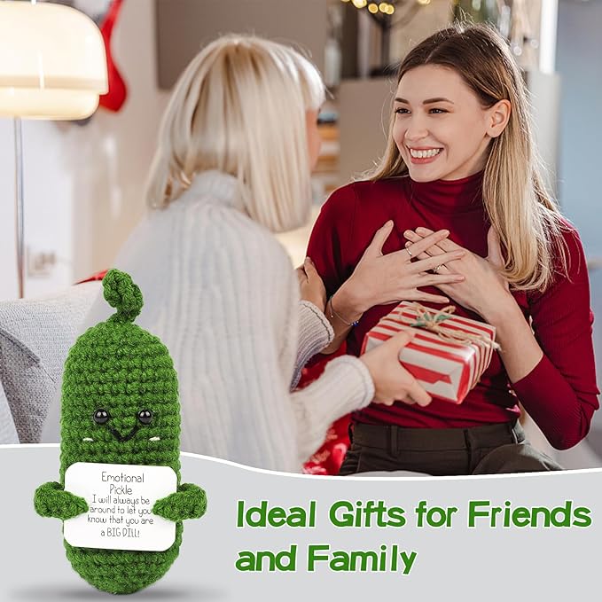 Hoedia Handmade Emotional Pickle Gift, Cucumber Crochet Doll Inspirational Gifts with Cards, Cute Knitted Funny Support Potato Friend Birthday Mothers Day Easter Basket Stuffers (Emotional Pickle)