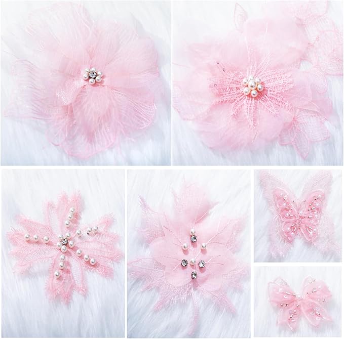 6 Pieces 3D Flower Lace Embroidery Butterflies Appliques Pearl Patches for Repairing and Decorating, Sewing Craft Clothing Jeans Jackets Bags (Pink)