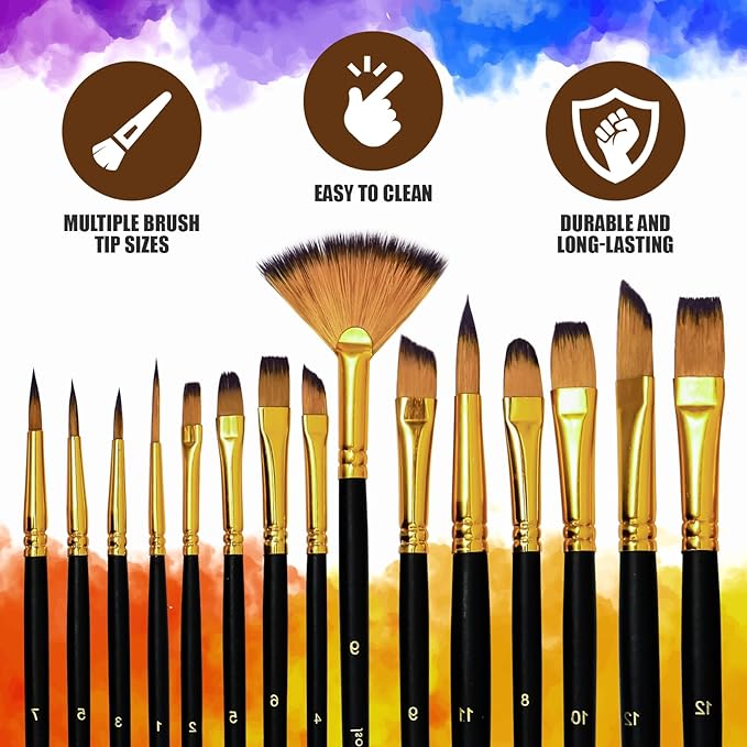 15-Piece Paint Brush Set, Professional Artist Paint Brushes for Kids and Adults - Perfect for Canvas, Fabric, Watercolor, Oil or Acrylic Painting - Ideal for Beginners & Professionals