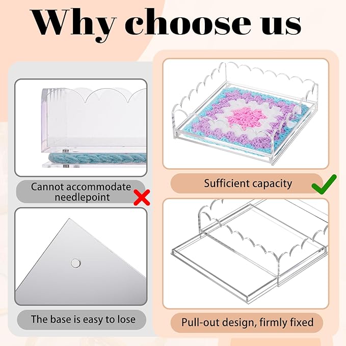 2 Pcs Acrylic Scalloped Tray Large Clear Acrylic Tray with Drawer for Insert Customizable Photos, Art, and Fabric Scalloped Basket for Needlepoint Napkin Frame Display Messages (9" X 9")