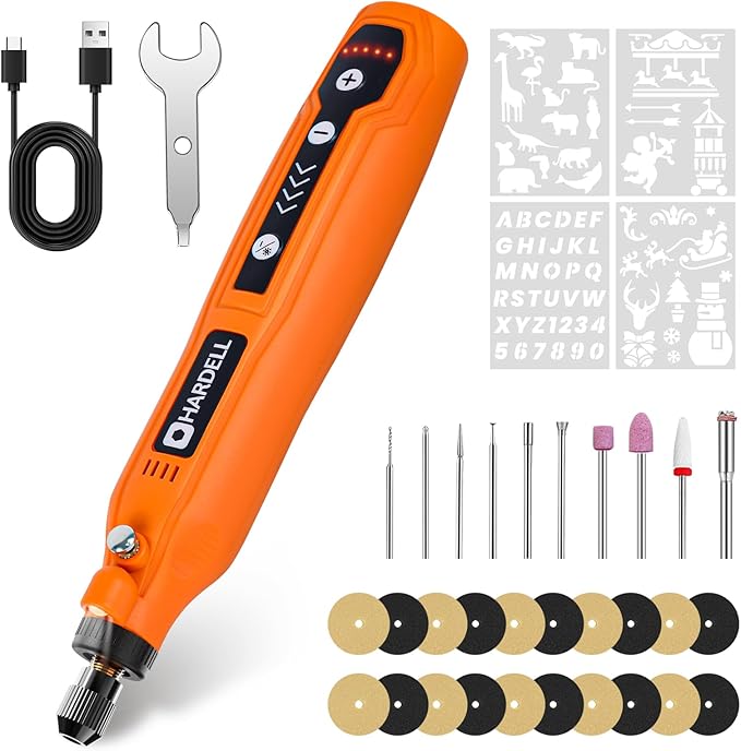 HARDELL Engraving Pen, 5 Speed Rechargeable Engraver Pen - Electric Cordless Engraving Tool for 60+ Surfaces - Beginner Friendly with 37 Accessories, Ultimate Engraving Pen Kit for Artists & DIYers