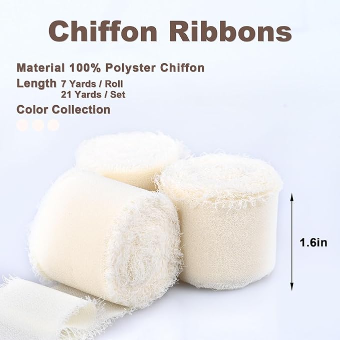 3 Rolls Cream White Handmade Fringe Chiffon Ribbon 1.5" x 7Yd Silk-Like Colorful Rustic Ribbon for Bouquets Wrapping Decor Wedding Invitation Accessories