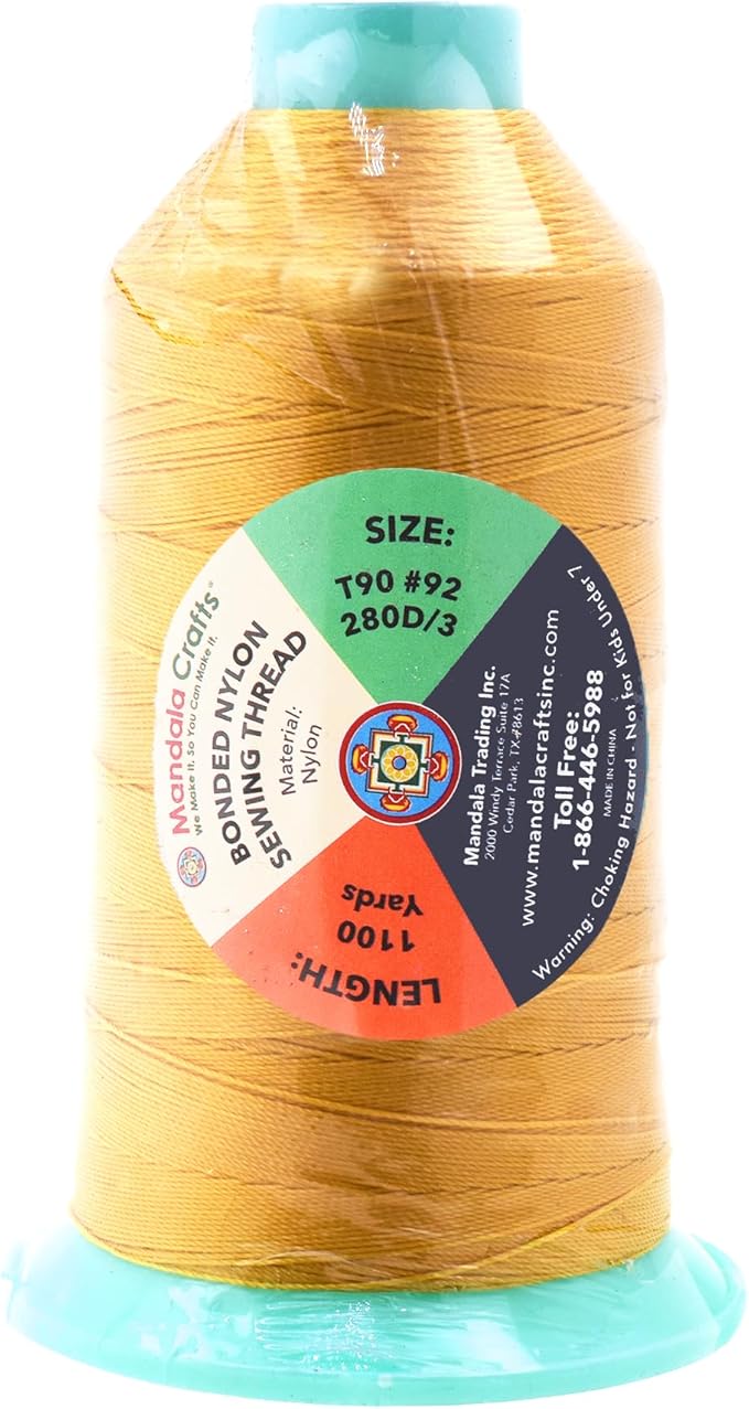 Mandala Crafts Bonded Nylon Thread Gold Heavy Duty Sewing Threads - 1100 YDs Size 92 280D T90 Tex 90 Thread for Leather Jeans Weaving Outdoor Marine Upholstery Threads
