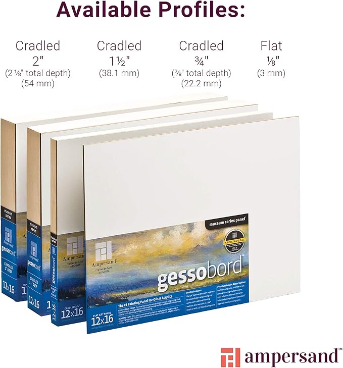 Ampersand Art Supply Gesso Wood Painting Panel: Museum Series Gessobord, 11" x 14", 1/8" Flat Profile