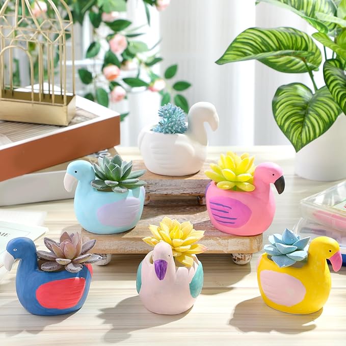 Pasimy 6 Set DIY Ceramic Succulent Planter Pots Paint Your Own Flower Pots Craft Kit Unpainted Bisque Paintable Flowerpot with Brush Palette Ready to Paint for Family Activity Gift (Flamingo)
