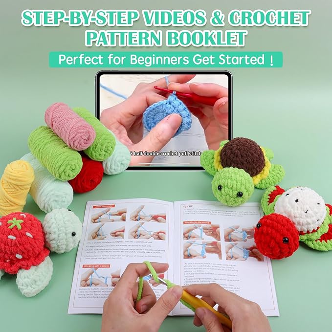 5PCS Crochet Kit for Beginners, Knitting Kit with Step-by-Step Video Tutorials, Beginner Crochet Kit for Adults with Easy Peasy Yarn, Crochet Animal Kit for Beginners Kids,5 Fruite Turtles (40%+ Yarn)