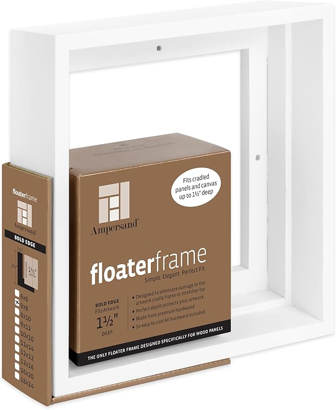 Ampersand Floaterframe Readymade Frame for Flat and 1 1/2" Deep Wood Panel and Canvas Artwork, Paintings, Prints, and More, 8"x8", White Bold