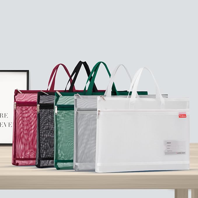 Pendancy Mesh Zipper Pouch A4 Size, Large Double Pocket Lightweight Nylon Transparent File Bag with Handle, 11x13.8 in Foldable Document Storage for Puzzle Project/Cross Stitch/Travel/Office (White)