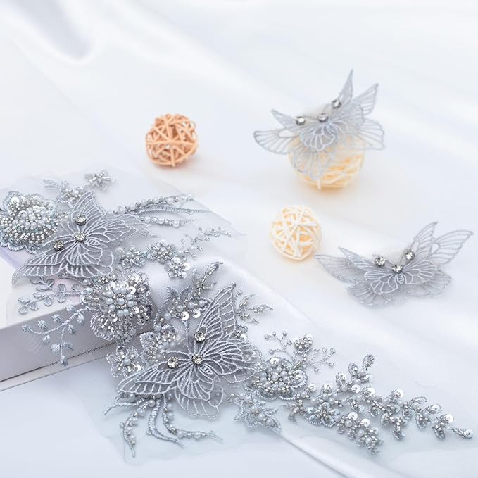 Flower Pearl Fabric Rhinestones Beaded Lace Applique,3D Butterfly Embroidered Lace Patch for Clothes,Dress (Gray)