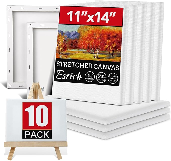 ESRICH Stretched Canvas for Painting 11x14 Inch, 10 Pack Blank Canvas -5/8 in Profile Primed Cotton White Canvases for Painting for Oil & Acrylic Paint