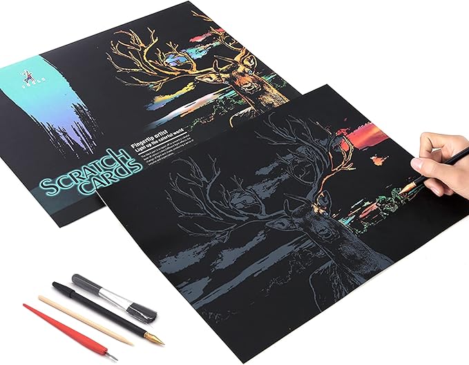 DESINIK Scratch Painting Art for Adults & Teens - 2 Sheets Rainbow Scratch Painting Kit, Scratch Painting Foil Art for Adults, Stress Relief Adult Craft Kits A3(Deer & Elephant)