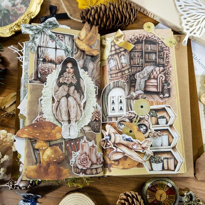 Vintage Scrapbook Stickers for Junk Journaling, 20 Sheets A5 Size Scented Wood Moment Theme Precut Sticker Book, Ephemera for Junk Journals Supplies, Scrapbooking, Scrap Book, Collage, Crafts Arts