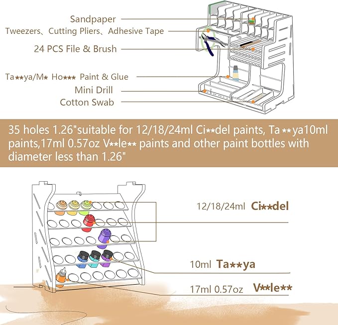 Bucasso Plastic Model Paint Rack Model Tool Organizer MDF Material Paint Rack Scissors/Tweezers/Paint Storage All-in-One Model Workbench Assembly Plastic Model Building Storage GK SY