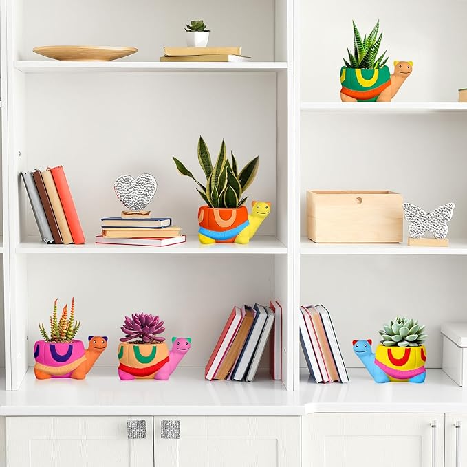 Pasimy 6 Set DIY Ceramic Succulent Planter Pots Paint Your Own Flower Pots Craft Kit Unpainted Bisque Paintable Flowerpot with Brush Palette Ready to Paint for Family Activity Gift(Turtle)