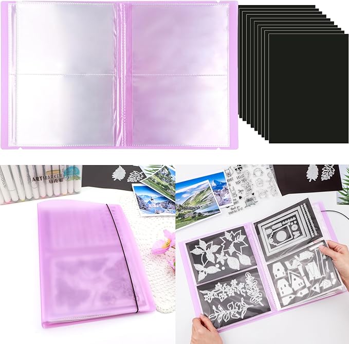 10 Pcs 0.3mm Magnet Sheets and 80 pockets/20 pages Storage Album for Stamp and Cutting Dies Storage Book Organizer Folder for Storage Die Cutting, DIY Scrapbooking Card Making Supplies (Purple)