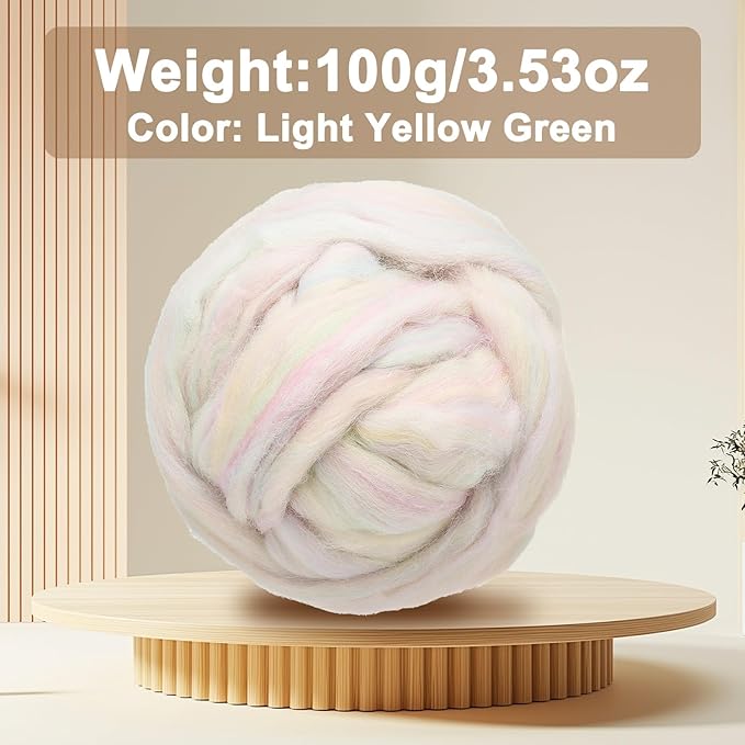 uxcell 3.53oz Wool Roving Yarn, Needle Felting Wool Fiber DIY Craft Needle Wet Felting Supplies for Blending Weaving Handcrafts, Light Yellow Green