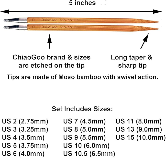 ChiaoGoo Spin Bamboo 5-Inch Complete 2500-C Interchangeable Circular Knitting Needle Set, Sizes US 2, 3, 4, 5, 6, 7, 8, 9, 10, 10.5, 11, 13, 15 with 6 Cords with Project Bag