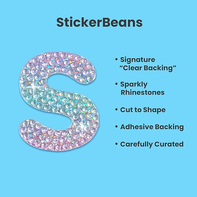 StickerBeans® Rhinestone Alphabet Letter Sticker S - Unique Sparkly Design 2” x 2” Cut-to-Shape Adhesive - Personalization, Collecting, Gifting, Scrapbooking, Decorating Laptops, Phone Cases, All Ages