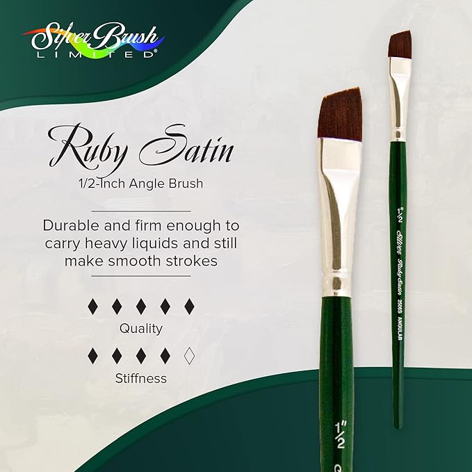 Silver Brush Limited 2506-1/2 Ruby Satin Angle Paintbrush for Oil, Acrylic, and Heavy Body Paints, Size 1/2 Inch, Short Handle
