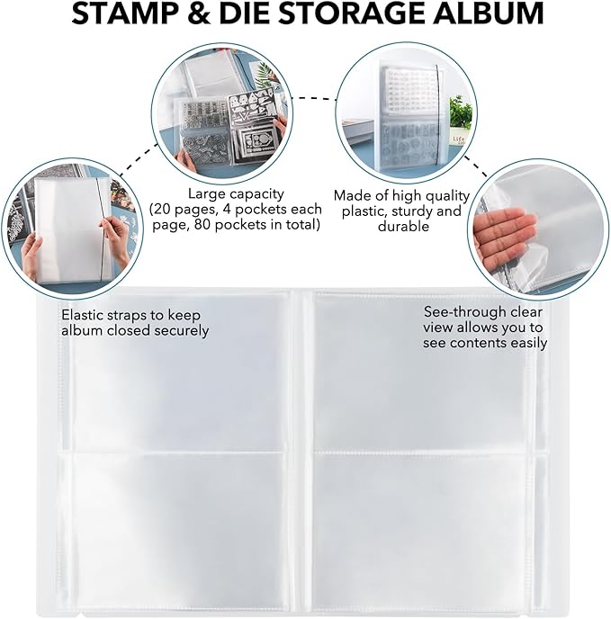 10 Pcs 0.3mm Magnet Sheets and 80 pockets/20 pages Storage Album for Stamp and Cutting Dies Storage Book Organizer Folder for Storage Die Cutting, DIY Scrapbooking Card Making Supplies (Clear)