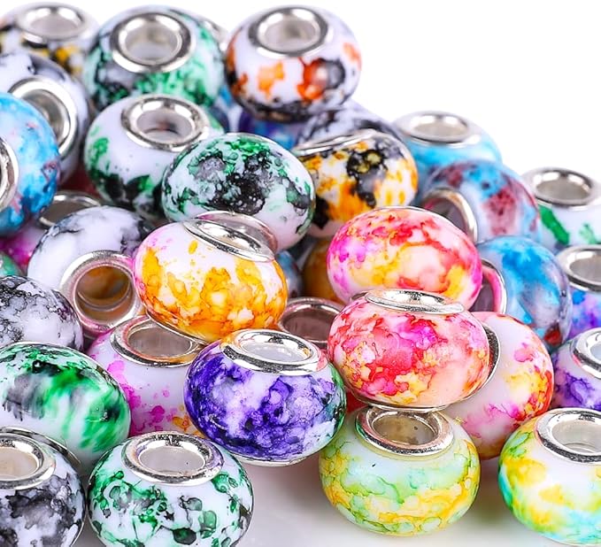 100 Pieces 14mm European Large Hole Spacer Beads Mix Color with Silver Brass Cores Assortments Charm Lampwork Beads Supplies for Necklace Bracelets Jewelry Making (Water Pattern)