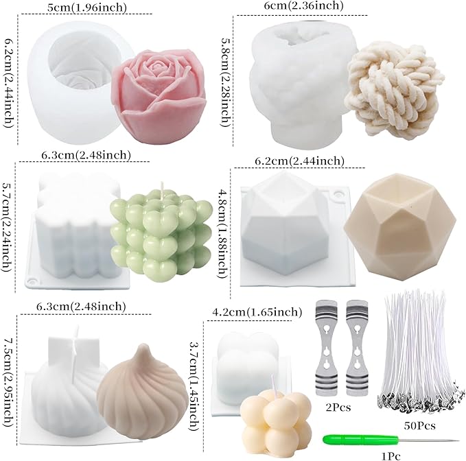 EuTengHao Silicone Candle Molds Set for Candle Making with Candle Wicks, 3D Silicone Mold for Soy Wax, Soap, Cake, Dessert DIY Scented Candle Craft Making