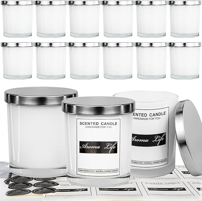 Creahaus 10oz, 16 Pack Thick Candle Jars with Metal Lids for Making Candles, Bulk Inner White Empty Glass Candle Containers & Sticky Labels, Warming Labels Kit, Heat Resistant Candle Vessels