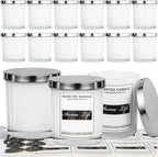 Creahaus 10oz, 16 Pack Thick Candle Jars with Metal Lids for Making Candles, Bulk Inner White Empty Glass Candle Containers & Sticky Labels, Warming Labels Kit, Heat Resistant Candle Vessels
