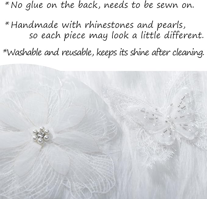 6 Pieces 3D Flower Lace Embroidery Butterflies Appliques Pearl Patches for Repairing and Decorating, Sewing Craft Clothing Jeans Jackets Bags (White)