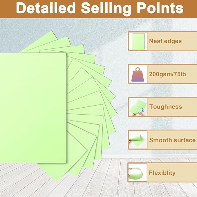 100 Sheets Light Green Cardstock 8.5 x 11 Certificates Paper, 200gsm/75lb Thick Card Stock Printer Paper for Cards Making, Thank You Card, Business Cards, Scrapbooking, Birthday Decorations