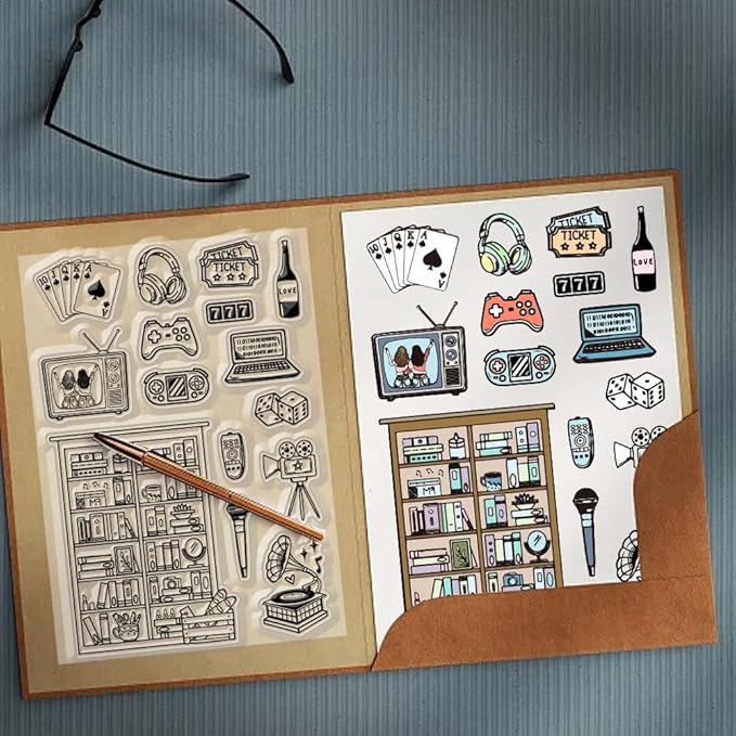 CHGCRAFT Leisure Games Clear Stamps Bookshelf Record Player Stamps Silicone Stamps Transparent Paper Craft Stamps for Journaling Card Making DIY Scrapbooking Handmade Photo Album Notebook