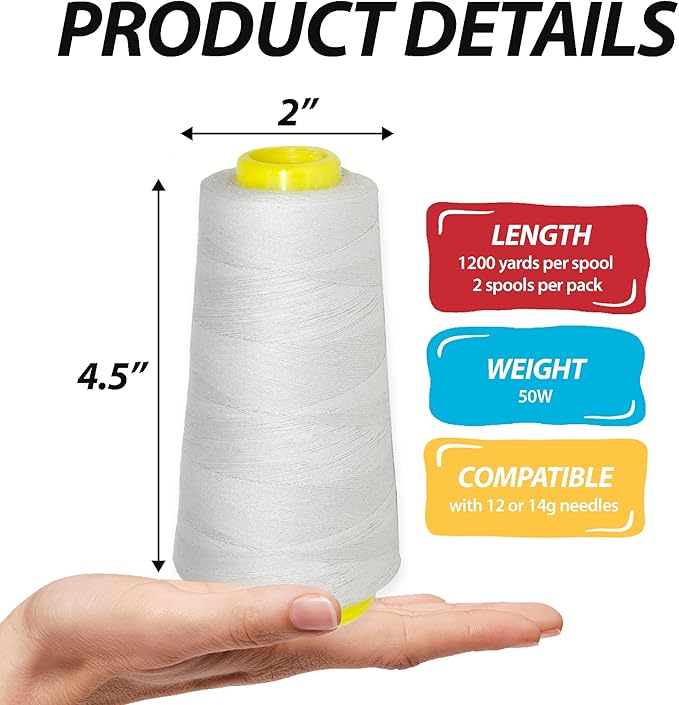 Mandala Crafts Silver Thread Cones for Machine and Hand Quilting - 2400 Yds 50 WT Multiple Purpose Mercerized 100% Cotton Threads for Sewing Machine Serger Embroidery