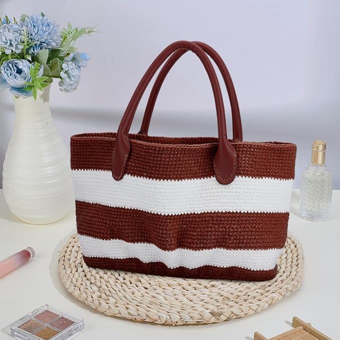 ORIGACH DIY Crochet Handbag Kit for Beginners, Chocolate Brown Striped Crochet Bag with PU Leather Band and Base, Include Yarn, Crochet Hooks, Markers and Instruction