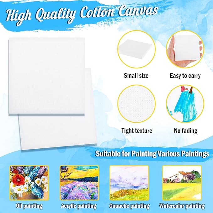 10 Pack Mini Canvas and Easel Set, 4 X 4 inch Canvas for Drawing, 18 Acrylic Paint Set with 20 Brushes & 2 Paint Trays, Art Painting Kits for Birthday Party Favors