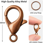 Mandala Crafts 30mm Antique Copper Color Metal Lobster Clasps for Jewelry Making - 50 Lobster Claw Clasps with Jump Rings Jewelry Findings Kit for Necklaces Bracelets Charms Fasteners
