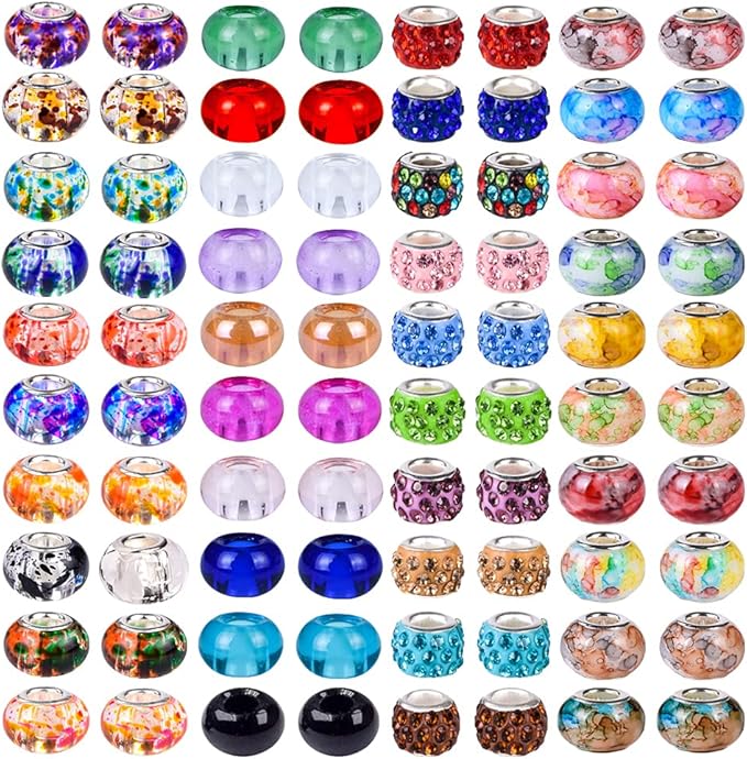 100 PCS Assorted European Beads with Copper Core Big Hole Glass Spacer No Copper Core Lampwork Colorful Beads Rhinestone Craft Beads for DIY Charm Bracelet Jewelry Making (Magnetic White Water Mark)