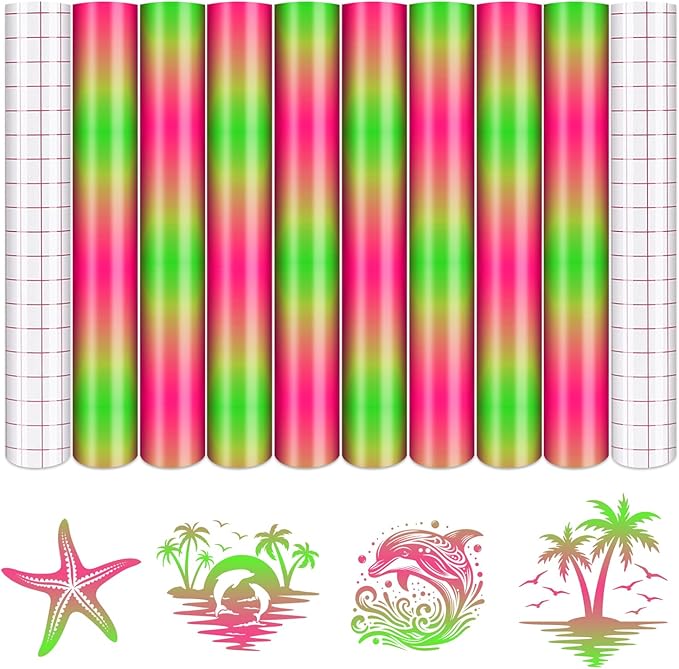 Tintnut Green Pink Permanent Vinyl - 8 Sheets 12"x10"Gradient Adhesive Self Sticker, Ombre Glossy Self Sticker Wtaer proofingVinyl Compatible with Cricut Or Silhouette