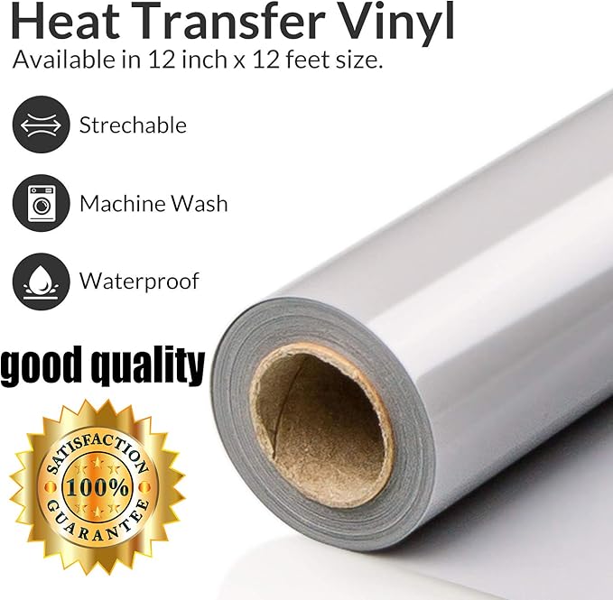 HTV Grey Heat Transfer Vinyl Rolls 12 Inch by 8feet Roll Iron on DIY for T-Shirt Easy to Cut & Weed for Heat Vinyl Design Glossy (8Ft, Grey)