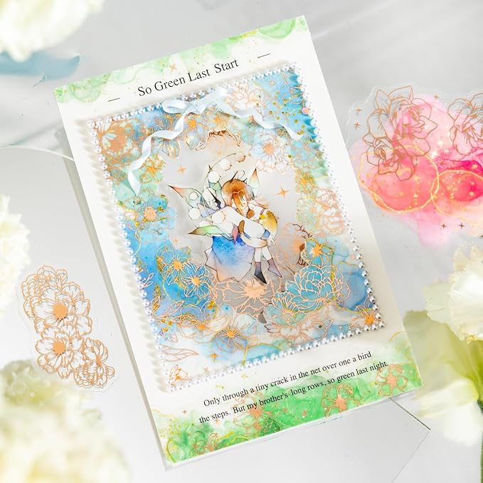 TIAMECH Starlight Flower Charm PET Stickers - 60 Pcs Orchid Peony & Sunshine Sweet Blossom Design, Waterproof Sticker for Journaling & Scrapbooking, Junk Journal Supplies, Ephemera & DIY Crafts