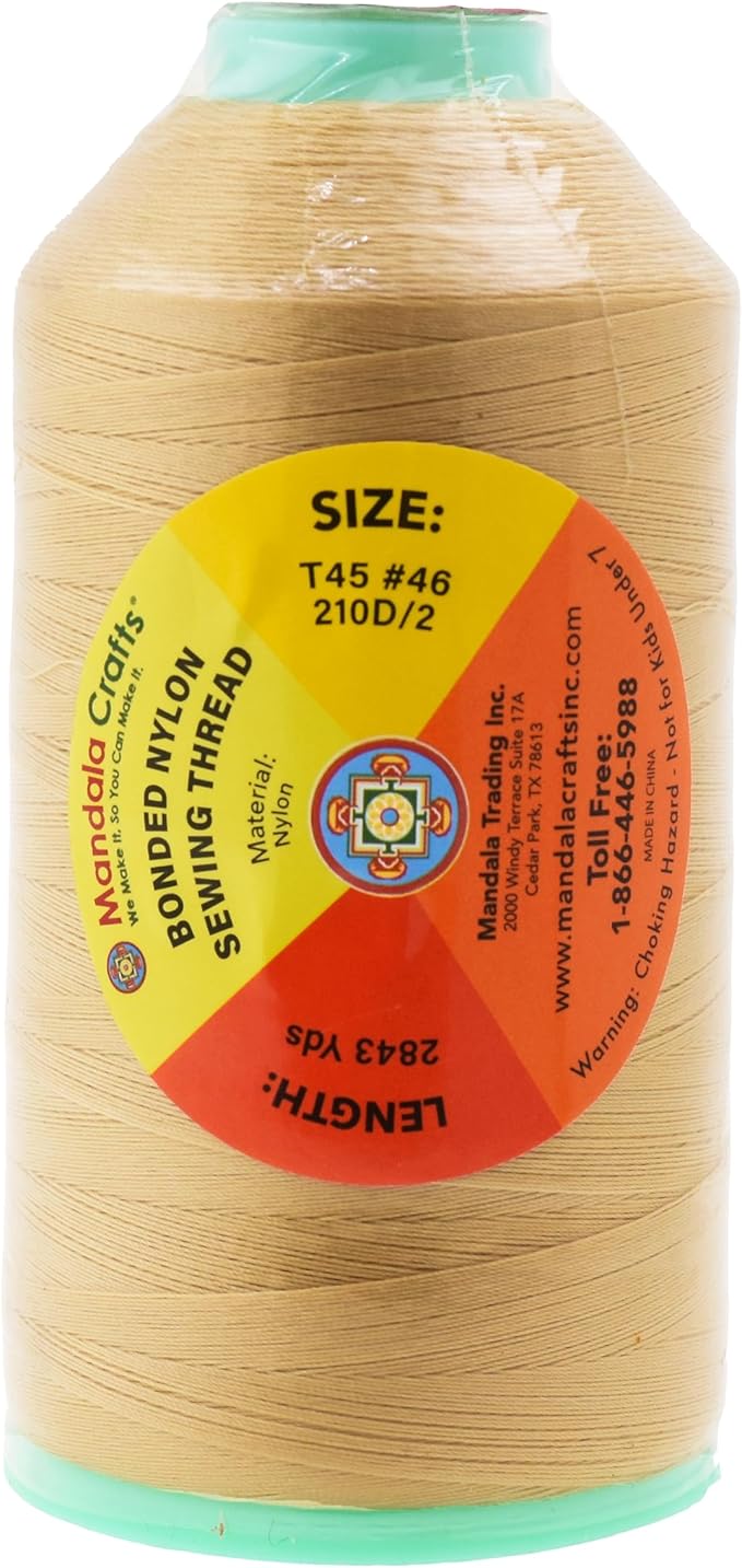 Mandala Crafts Tex 45 Bonded Nylon Thread for Sewing - 2843 YDs T45 Heavy Duty Tan Nylon Thread Upholstery Thread for Leather Jeans Weaving, T45 #46 210D/2