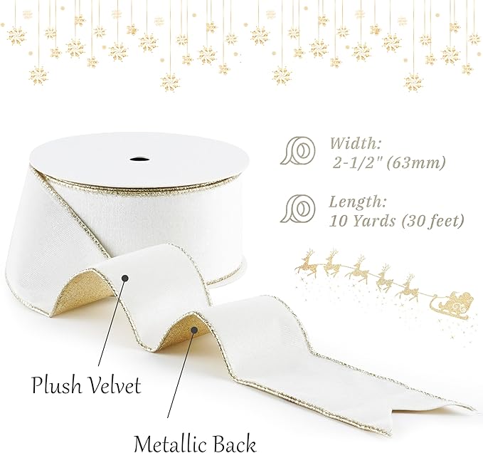 White Velvet Wired Ribbon with Glitter Back 2.5 Inch White and Gold Christmas Ribbon Wired Ribbon for Christmas Tree, Gift Wrapping, Mantel, Wreaths Supplies, Topper Bows (10 Yards)