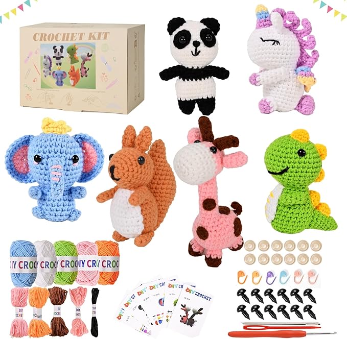 Alutaba 6Pcs Crochet Kit for Beginners, Crochet Animal Kits for Adults with Step by Step Videos Tutorials, Knitting Kit for Crochet Lovers Great Birthday Holiday Gift, DIY Keychain Pendants