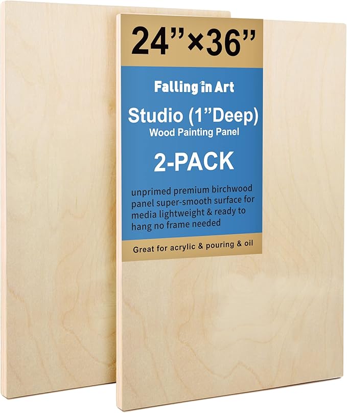 Falling in Art Unfinished Birch Wood Panels Kit for Painting, Wooden Canvas 2 Pack of 24 x36 Studio 1’’ Deep, Cradle Boards for Pouring, Art, Crafts, Burning and More