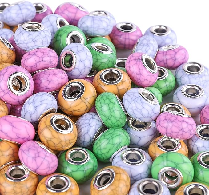 100 Pieces 14mm European Large Hole Spacer Beads Mix Color with Silver Brass Cores Assortments Charm Lampwork Beads Supplies for Necklace Bracelets Jewelry Making (Crack Opaque)
