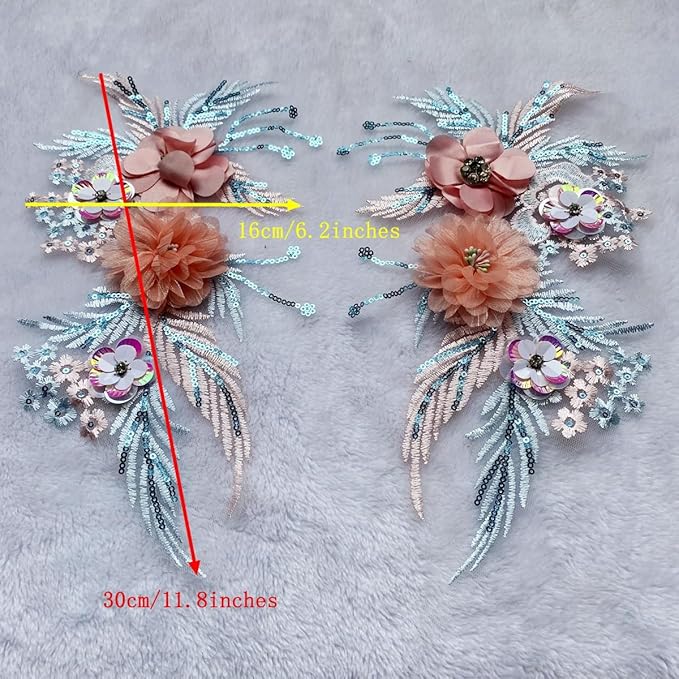 1 Pair of Multicolor Embroidery Rhinestone Crystal Sequin Lace Applique Sewing Flower Fabric Patch Wedding Gown Dress Bridal DIY Crafts (Multicolor D)